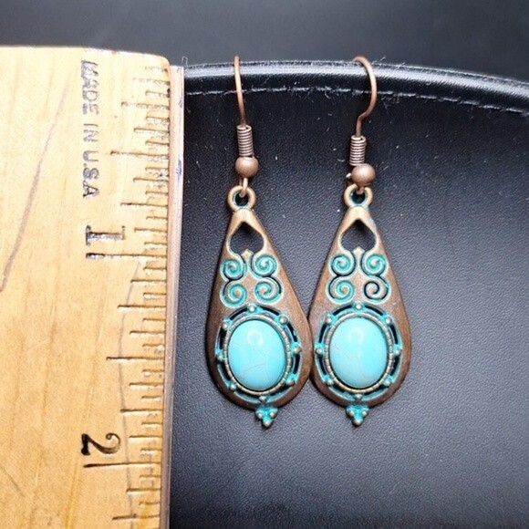 Boho Bronze drop Earrings with Turquoise Accents - Picture 3 of 3